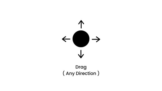 A filled dot with four directional arrows pointing outward labeled Drag Any Direction showing a free omnidirectional drag gesture