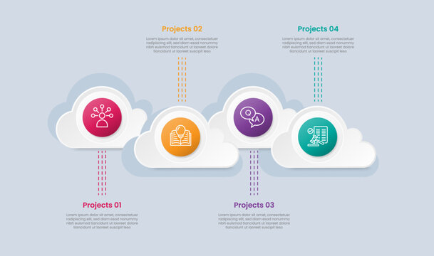 Cloud shape infographic with glossy gradient style with shape up and down with triple dotted line pointer with four segment information
