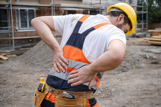 Construction worker suffering lower back pain at building site, manual labor workplace injury, industrial safety concept, contractor holding painful spine, occupational health, ergonomic risk, physica