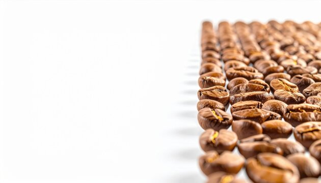 Macro view of roasted brown coffee beans meticulously arranged in straight parallel rows on a plain white surface, showcasing detailed textures and patterns with copy space on left.