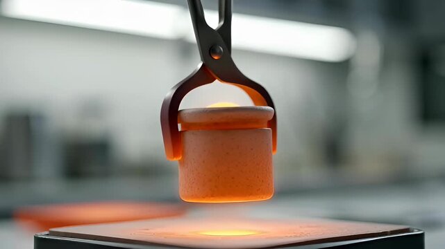 Industrial metal tongs lifting a hot glowing ceramic crucible in a foundry