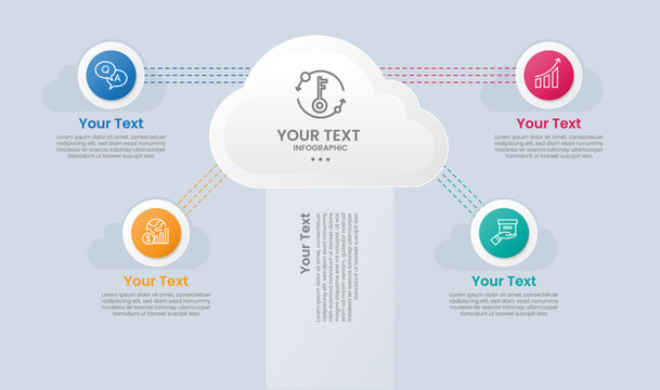Cloud shape infographic with glossy gradient style with big cloud on top with triple dotted line spreading half bottom circular with four segment information