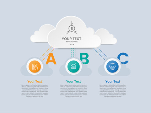 Cloud shape infographic with glossy gradient style with big cloud on top with dotted triple line connection for circle with three segment information