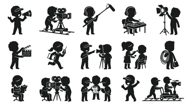 Filmmaking and Movie Production Crew Glyph Icons Set. Cinema Industry Professionals and Equipment Silhouettes.