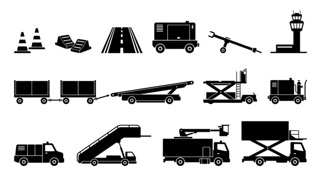 Aviation Airport Ground Support Equipment Silhouette Icons Set - Flat Black  White Vector