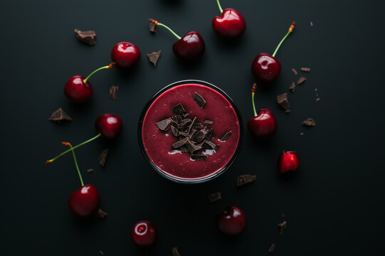 Cherry smoothie with chocolate shavings and whole berries on dark background