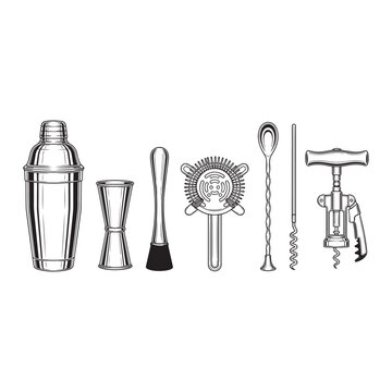 Set of professional bartender tools and cocktail making equipment including shaker jigger muddler strainer spoon and corkscrew in a detailed hand drawn ink sketch illustration style
