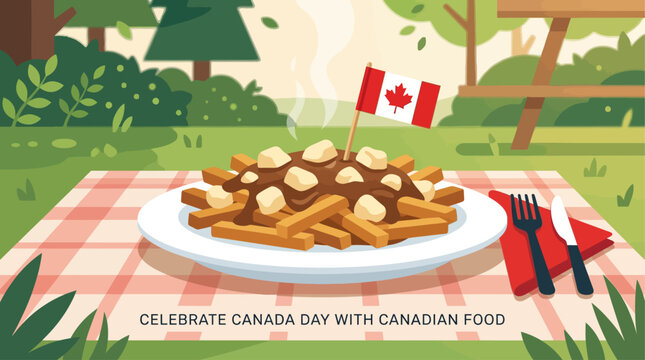 A delightful Flat Design illustration of poutine, a classic Canadian dish, adorned with a flag for Canada Day, celebrating national cuisine and festivities