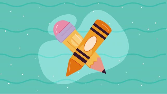 Animated school supplies icons featuring pencil and crayon over turquoise wavy background with motion graphics and sparkle effects.