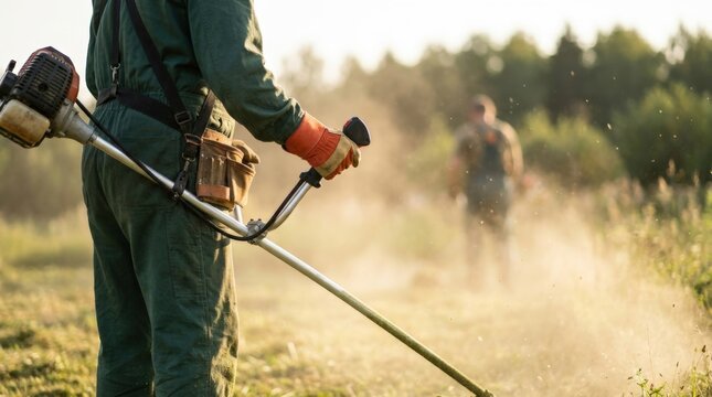Gardener using a string trimmer to cut grass in a field at sunset.