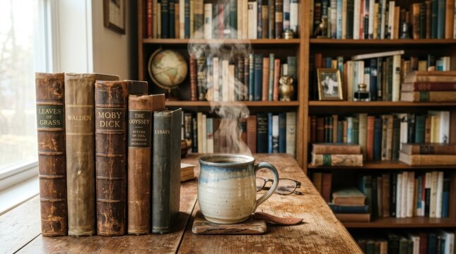 Vintage classic books including Moby Dick and Walden standing on a rustic wooden table beside a steaming ceramic mug of coffee and eyeglasses with a library bookshelf background.