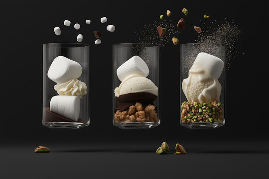Floating ice cream with marshmallow and chocolate in glass on black