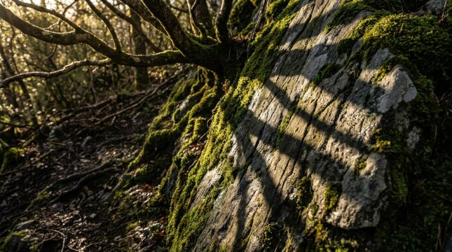 Moss covered rock face with sunlight and shadows from tree branches in a dense forest during golden hour, detailed texture of limestone and bryophyte in natural woodland setting.