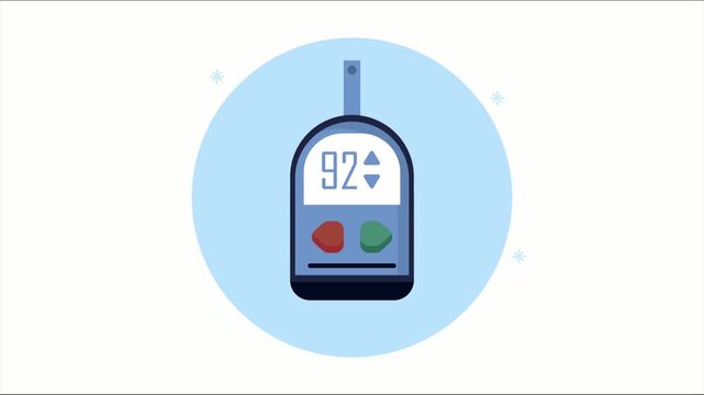 A motion graphic animation of a medical glucometer device displaying blood sugar level in a blue circle background.