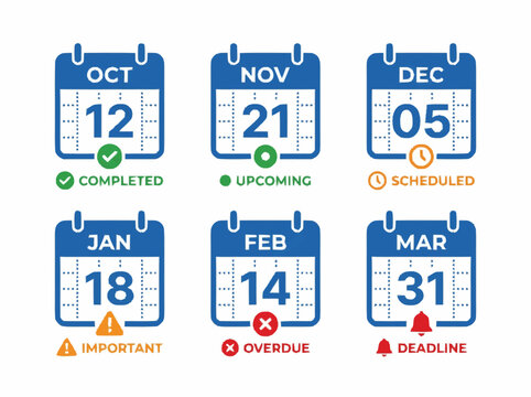 Set of calendar icons representing important dates, deadlines, and scheduling for events and tasks