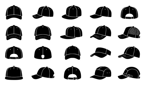 Collection of various baseball caps and sports hats silhouettes