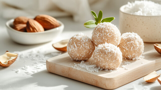 Coconut energy truffle, an artisan plant-based execution highlighting desiccated flake texture and raw almond inclusion.