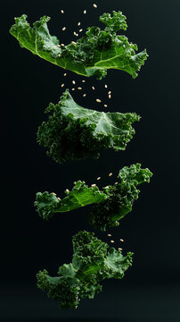 Curly kale leaf and seed levitation showcasing a raw plant-based textural study
