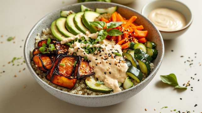 Plant-based grain bowl with meticulously layered roasted eggplant, fresh avocado, and zucchini under sesame drizzle