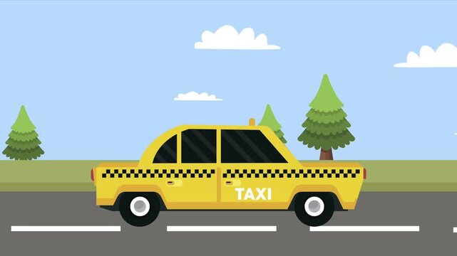 Flat animation of yellow taxi car driving on highway with nature background and pine trees.