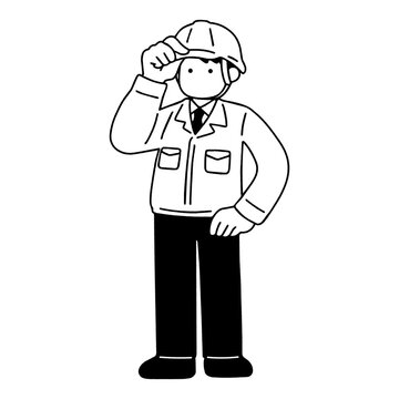 腰に手をあてヘルメットに手を添えて立つスーツに作業服を着た男性の単色イラスト