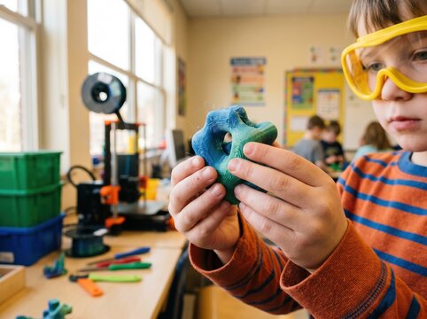 Child hands holding a printed object in a classroom for stem education, school makerspace activities and creative technology learning programs with natural light