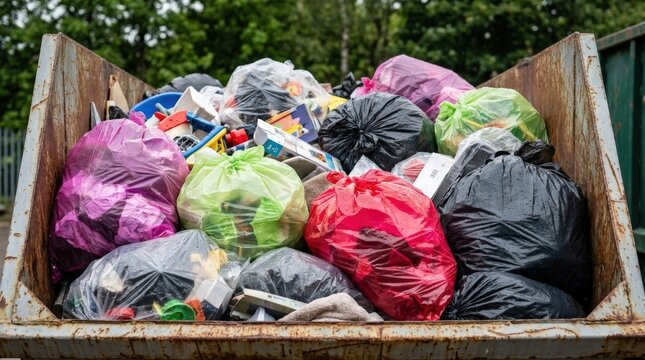 Overflowing Skip Bin Filled With Colorful Trash Bags Ready for Disposal.