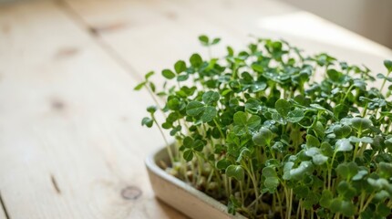 Fototapeta premium Close-up of Fresh Green Microgreens Growing in a Tray on a Wooden Surface.