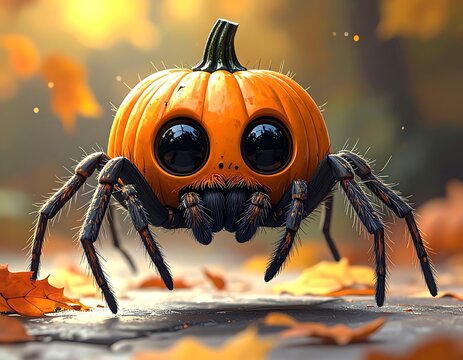 A jack-o'-lantern with a spider body and big eyes