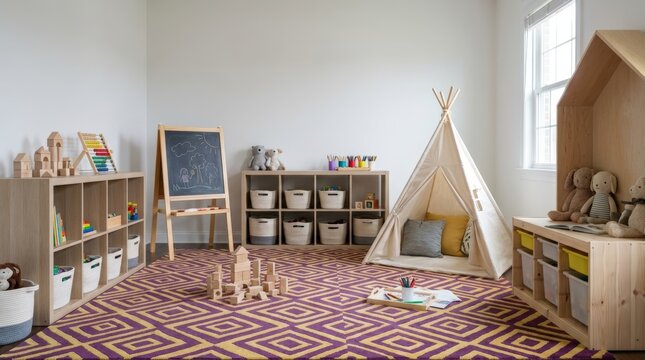 Cozy and Playful Childrens Playroom with Teepee and Storage Solutions.