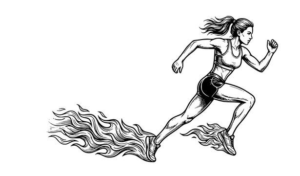 Athletic woman running with fire effect artistic line drawing