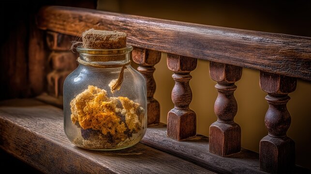 Clumped spices degrading inside vintage glass jar with cork stopper on rustic wooden railing, natural decay