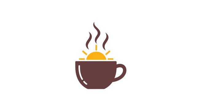 Steaming Cup of Warm Coffee or Tea with a Bright Sun Symbol, Representing a Cozy Morning Beverage and a Fresh Start on an Isolated White Background