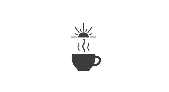Simple Grayscale Icon of a Steaming Cup of Warm Coffee or Tea with Sun Symbol, Representing a Cozy Morning Beverage on an Isolated White Background