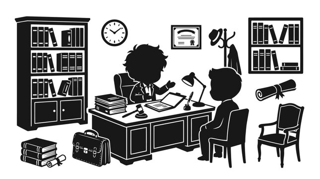 Lawyer Office Scene Black and White Illustration - Law, Legal, Justice