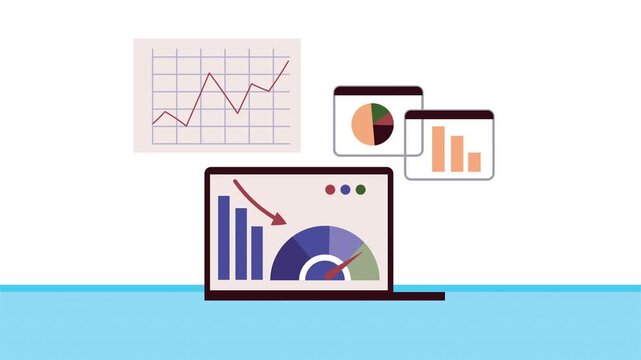 Laptop displaying business charts and graphs with increasing and decreasing lines indicating financial data.