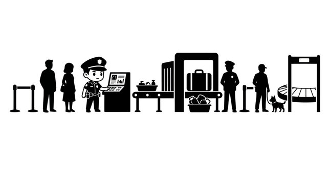 Airport Security Checkpoint with X-ray Scanner, Guards, Dog, Luggage, Black  White Glyph
