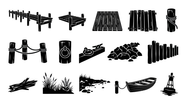 Marine Nautical Waterfront Elements Silhouette Icon Set. Docks, Piers, Boats, Buoys, Posts  Coastal Nature Glyphs