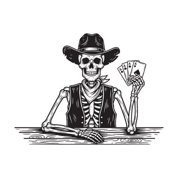 Illustration of a cowboy skeleton wearing a hat and vest playing poker with a hand of playing cards at a wooden table in a vintage western graphic style