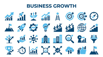 Fototapeta premium Collection of business growth icons and symbols representing success strategy development investment and progress for corporate concepts