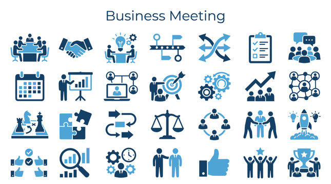 Diverse business meeting icons showcasing collaboration strategy planning teamwork and successful growth concepts in a professional setting