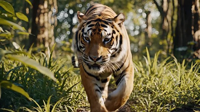 Majestic Tiger Walks Through Lush Green Forest Environment.
