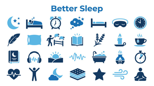 Better Sleep Concept Icons Set Representing Rest Relaxation Health And Wellbeing With Moon Stars Bed And Alarm Clock Illustrations