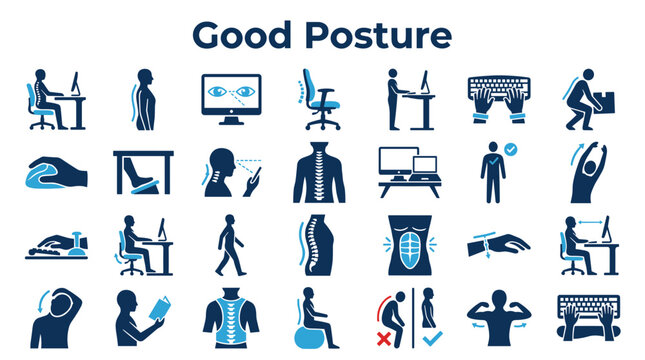 Good posture guide healthy spine alignment for sitting standing and exercise icons showing correct body position and ergonomic tips