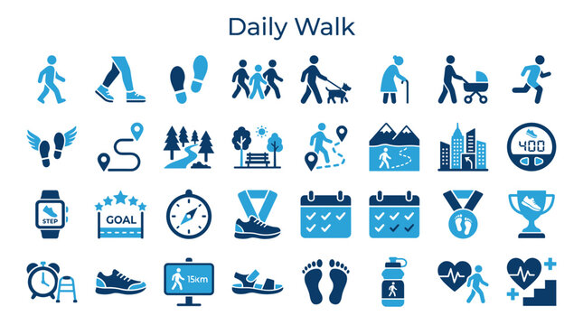 Daily walk icons representing healthy lifestyle fitness goals and outdoor activity with people walking and exercising