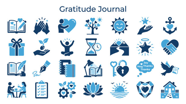 Gratitude journal icons representing positive emotions self care and wellbeing with a blue and white color scheme