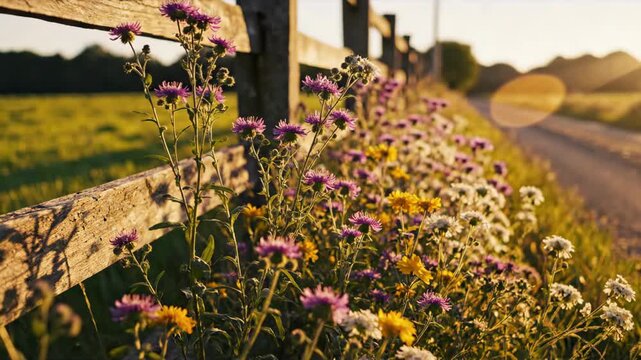 Golden hour sunlight illuminates wildflowers along a rustic wooden fence in a meadow