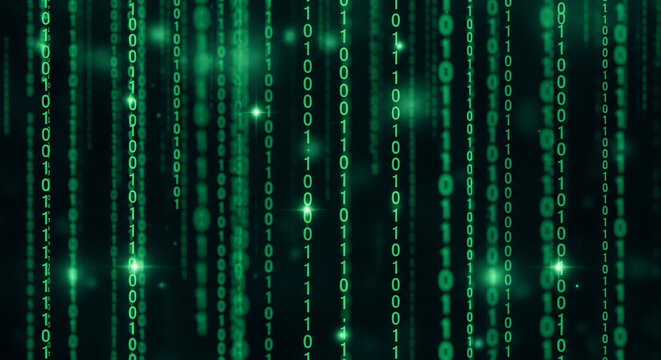 Abstract green binary code streams with bokeh effect digital rain abstract background data stream