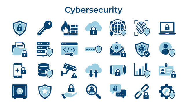 Cybersecurity icons collection representing digital protection data security and network defense concepts