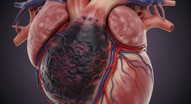 Detailed 3D Illustration of a Diseased Human Heart with Necrotic Tissue.